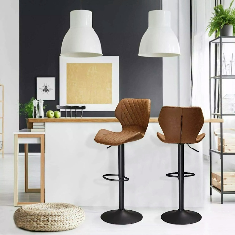 Leather Bar Stools Set of 2, Rhombus Lattice Swivel Counter Stools